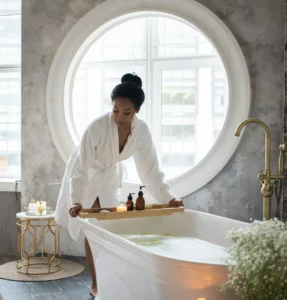Femme en peignoir blanc disposant un plateau de spa avec bougies et produits sur une baignoire.