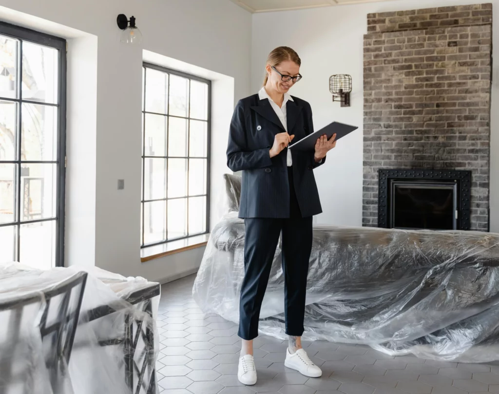 pexels-mart-production-7415124_optimized 1 - RenovSmart Femme professionnelle inspectant une cuisine en rénovation avec une tablette.