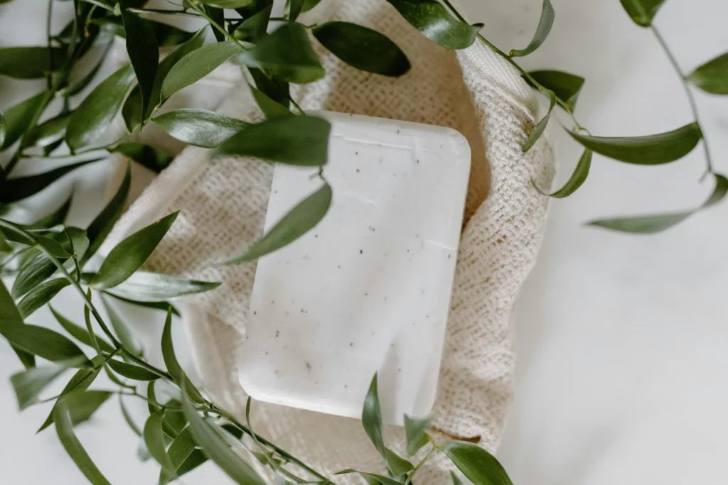 pexels-tara-winstead-6690843_optimized - RenovSmart Savon blanc naturel posé sur une éponge en fibre naturelle, entouré de feuilles vertes.