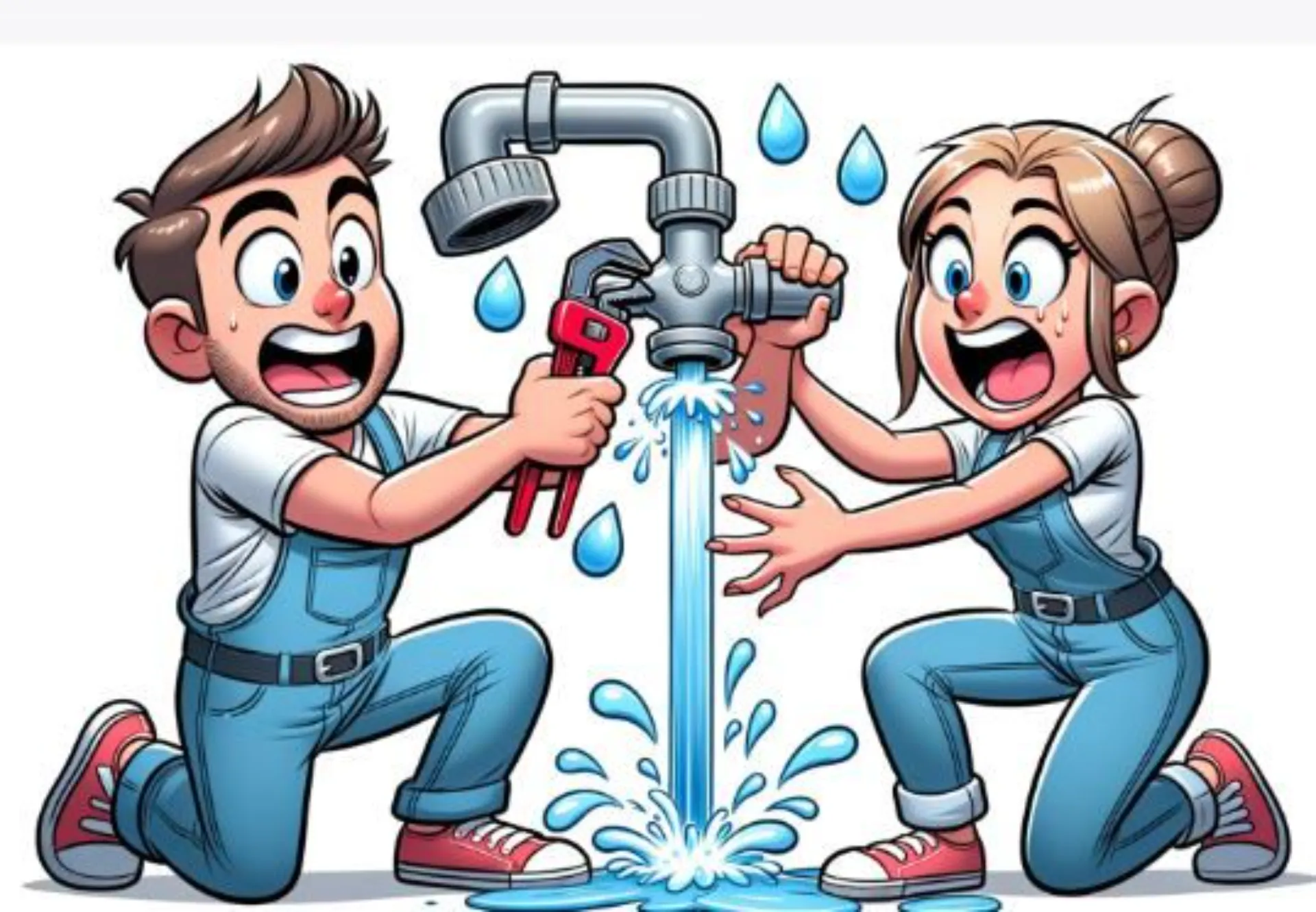 Illustration d'un garçon et d'une fille en train d'essayer de réparer un tuyau de plomberie qui fuit, l'eau jaillissant de l'installations.