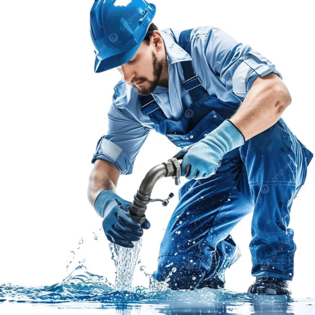 Un plombier en tenue bleue et casque effectue une réparation sur un tuyau, de l'eau s'écoulant autour de lui sur le sol.