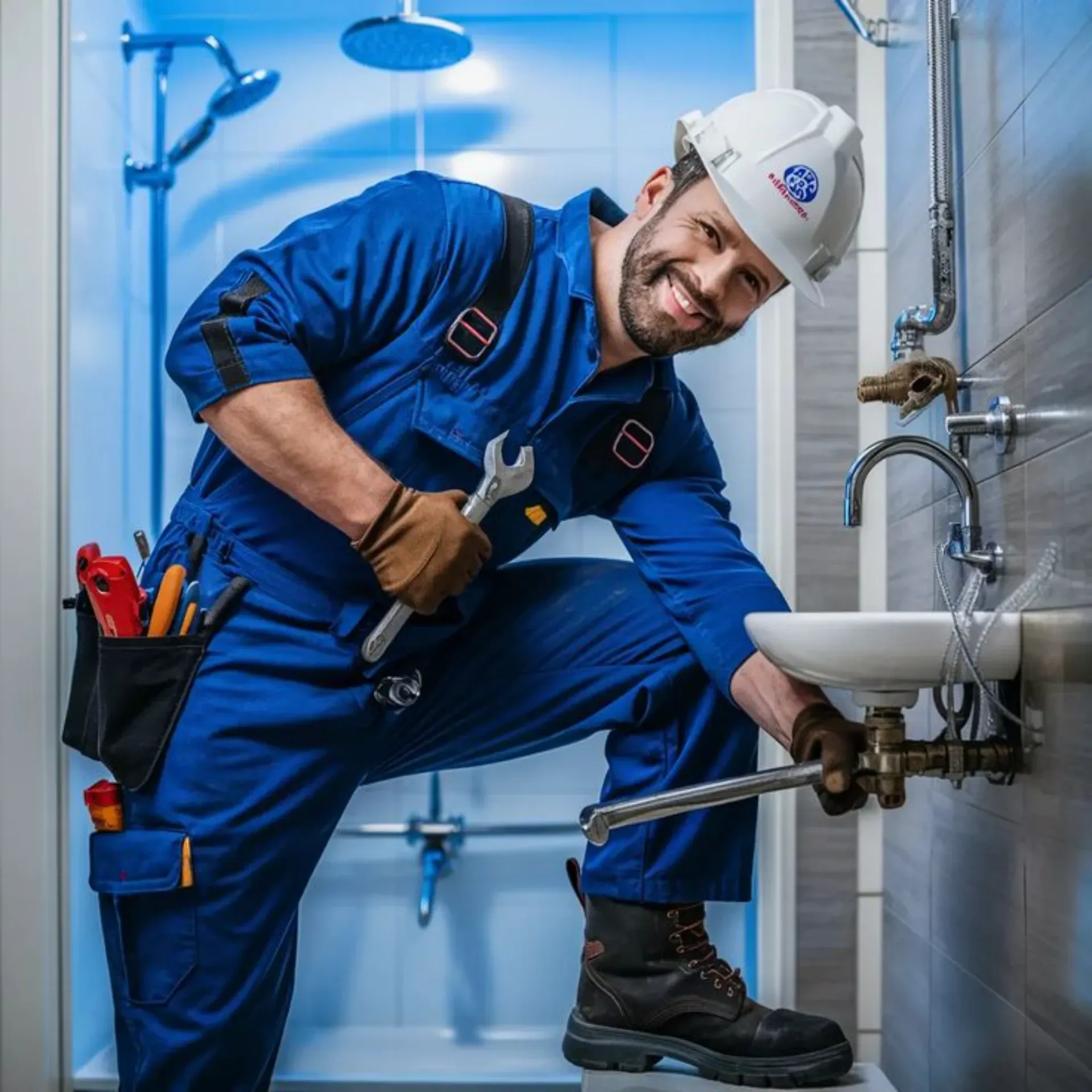 Un plombier souriant en tenue bleue, casque sur la tête, effectue une réparation sous un évier avec une clé à molette.