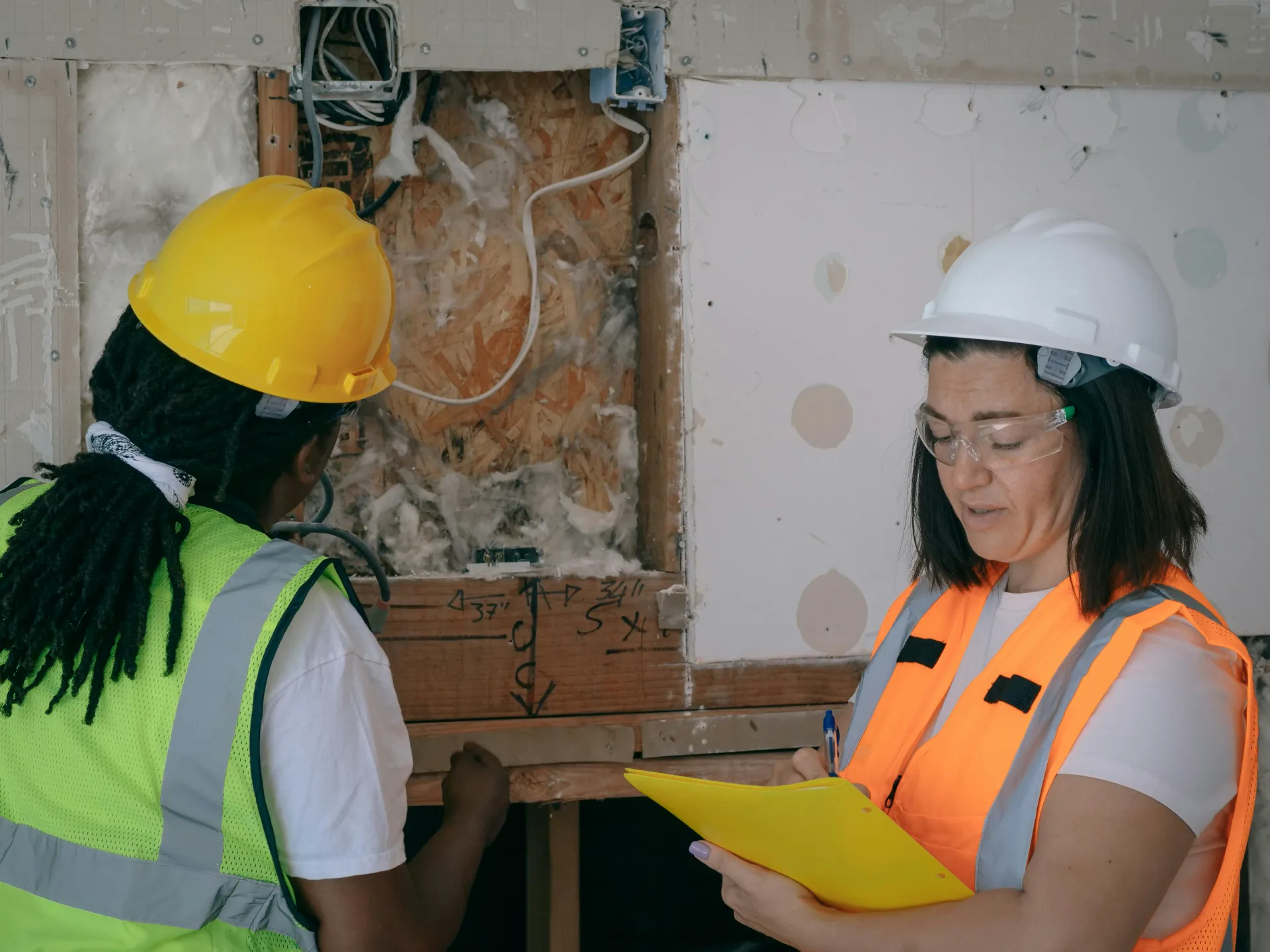Deux professionnelles de la construction, l'une portant un casque jaune et l'autre blanc, évaluent un mur en chantier, l'une prenant des notes et l'autre inspectant les installations électriques.