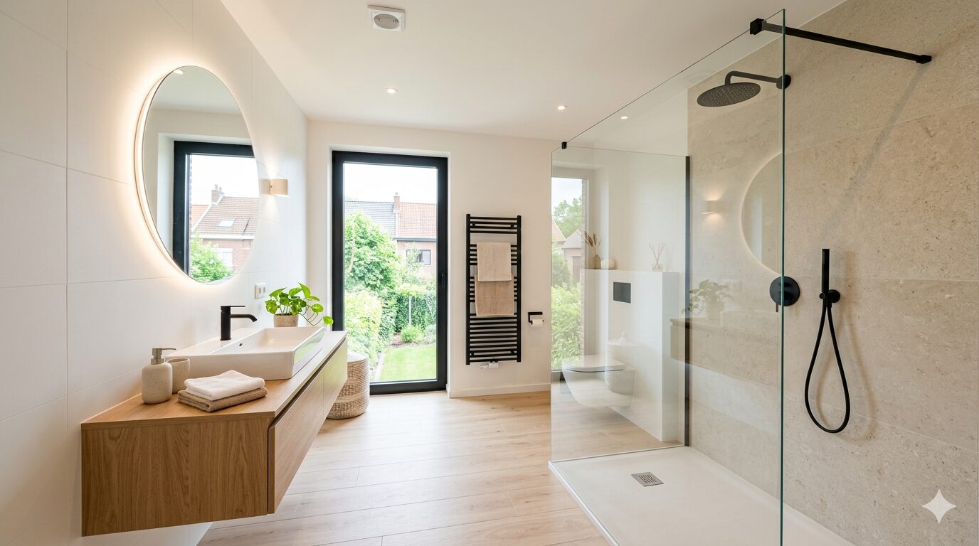 Rénovation de salle de bain moderne en Belgique avec douche et carrelage