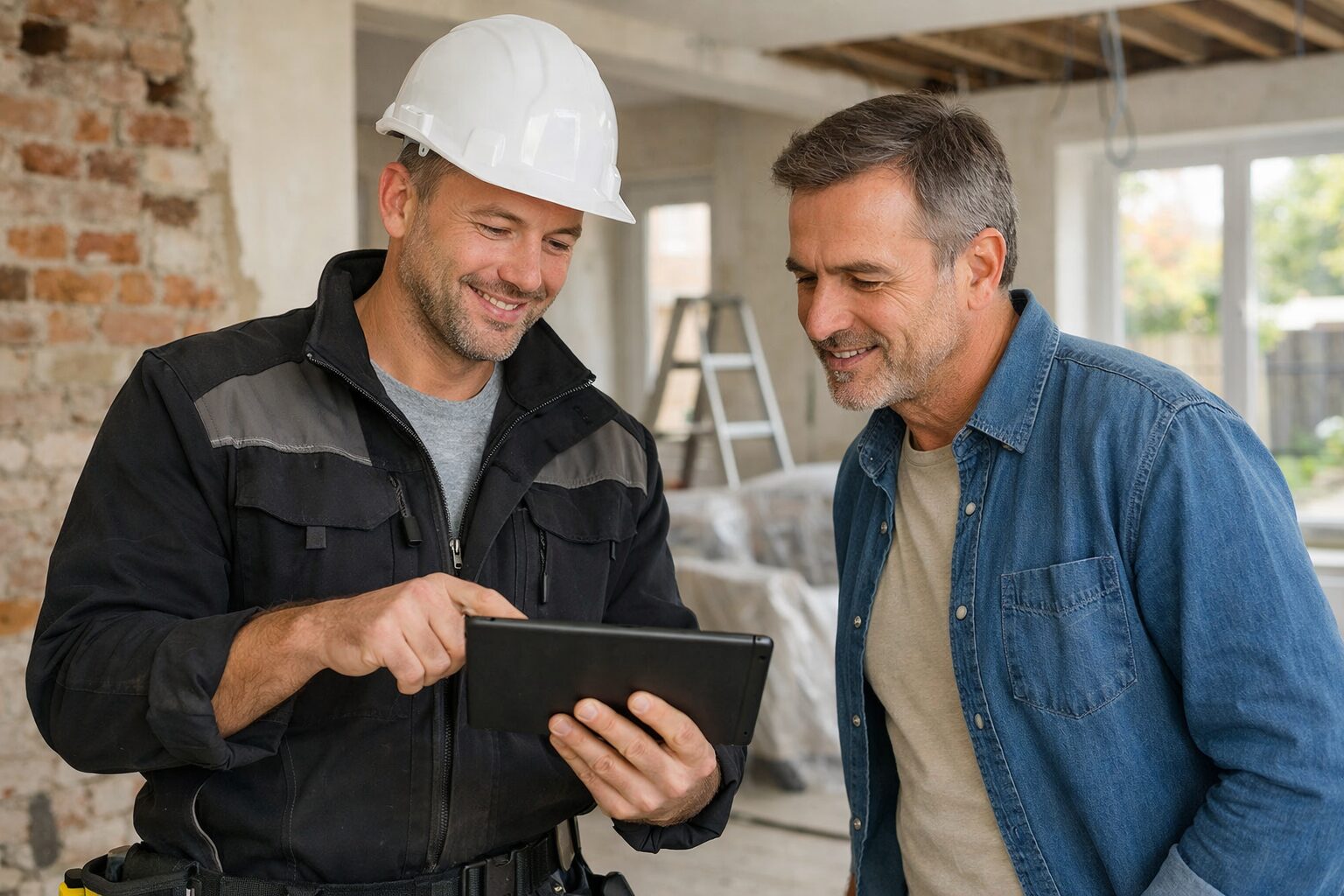 Entreprise de rénovation fiable en Belgique discutant d’un devis travaux avec un particulier